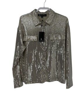 Jules & Leopold Women Metallic Sequin Shirt Jacket Medium Silver Shacket NYE